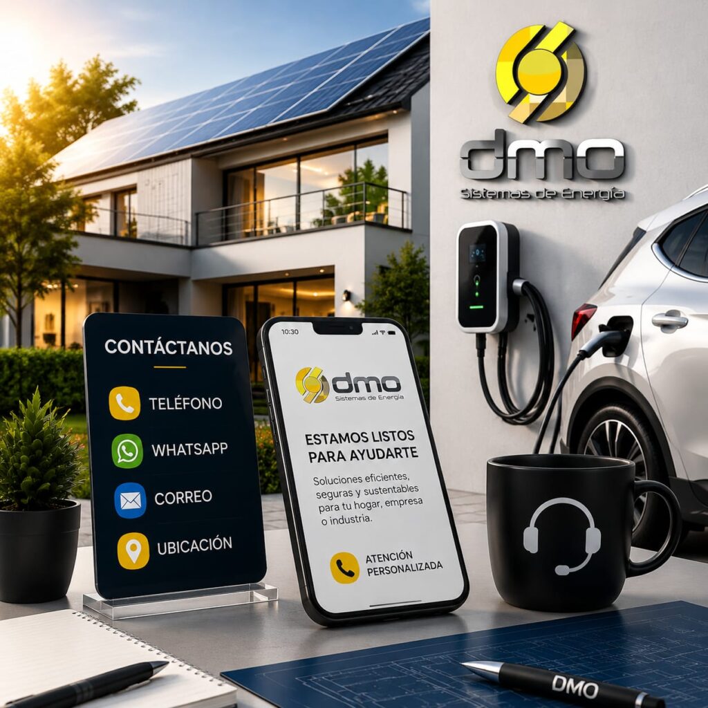 Promo image: a modern home with solar panels, an electric car charger, and two phones showing DMO contact info and messaging about help.
